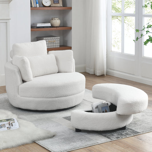 39'W Oversized Swivel Chair with moon storage ottoman for Living Room, Modern Accent Round Loveseat Circle Swivel Barrel Chairs for Bedroom Cuddle Sofa Chair Lounger Armchair, 4 Pillows, Teddy Fabric  W83489911