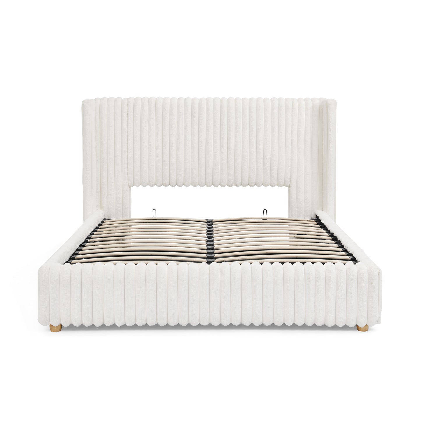 Queen Functional Vertical Striped Bed with Gas Lift Storage in Beige, Luxury Fluffy Faux Fur Fabric Upholstered Double Bed  W1413S00181