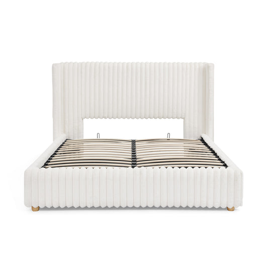 Queen Functional Vertical Striped Bed with Gas Lift Storage in Beige, Luxury Fluffy Faux Fur Fabric Upholstered Double Bed  W1413S00181
