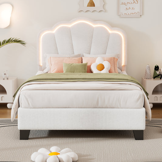 Twin Size Upholstered Flower-Shape Bed, Elegant Flowers Headboard with LED Light Strip , Sherpa Fabric Platform Bed with Wooden Slats Support, White  N733P177307A