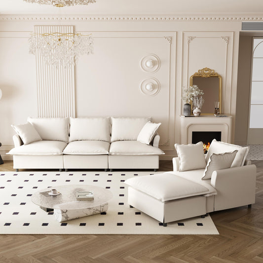 [New+Video] 3 Piece Living Room Sofa Set,Modular L Shaped Chenille Sectional Couch,Upholstered 3 Seater Sofa & Armchair & Movable Ottoman,5 Seat Indoor Furniture for Office,Bedroom,Apartment,2 Colors  N723S9059A