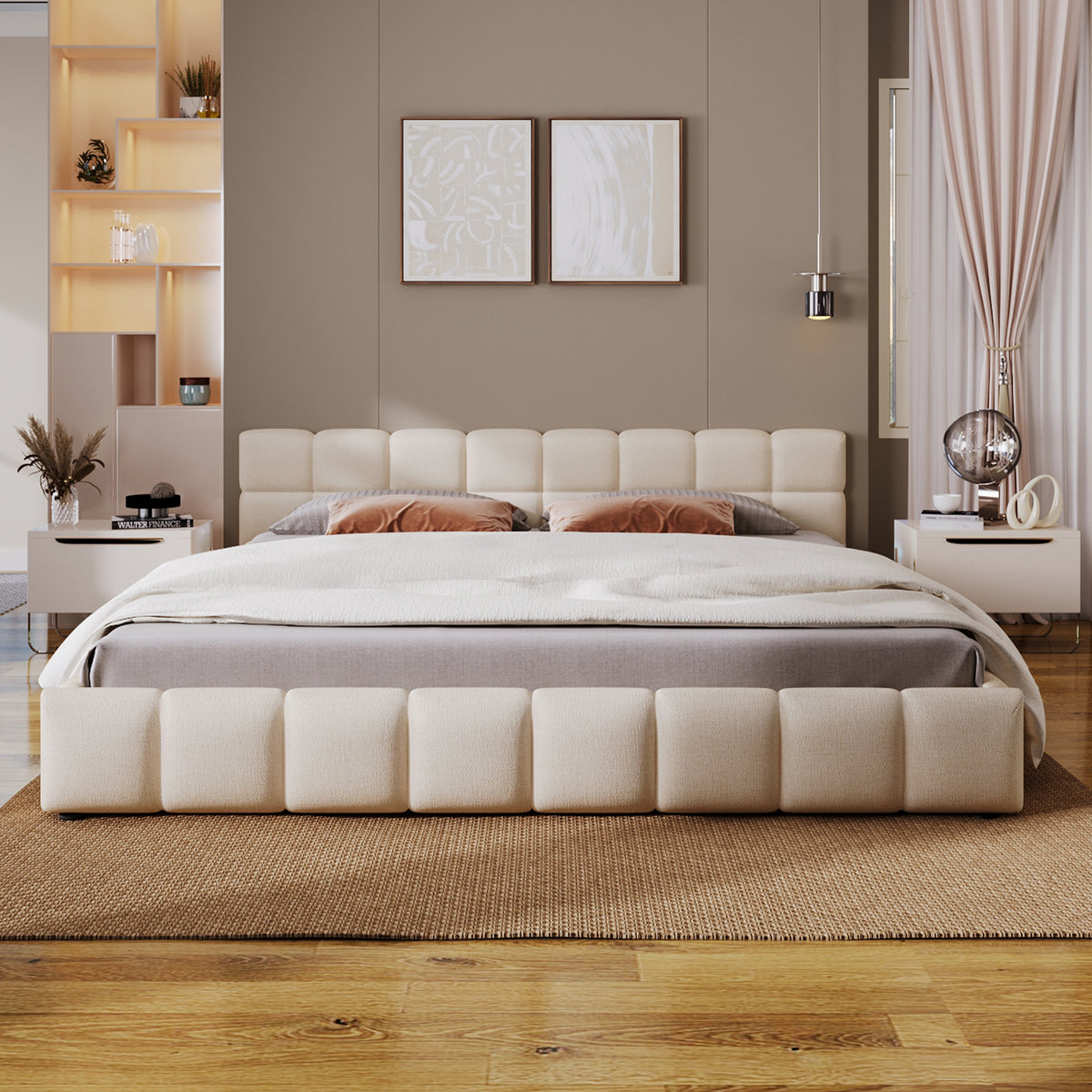 Elegant Beige Chenille Upholstered Bed with Checkerboard Design, King, Beige  N769P339029K