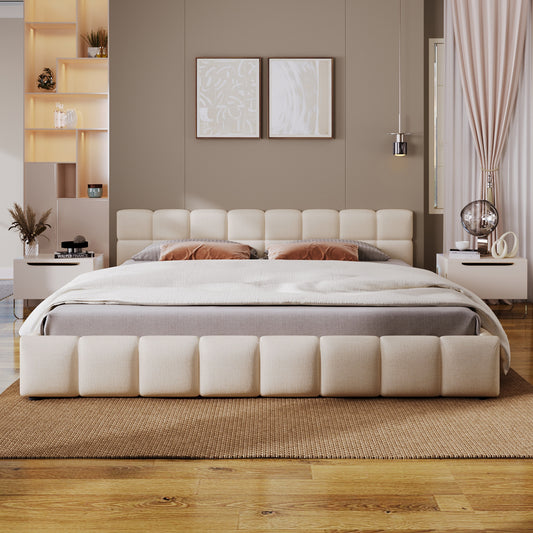 Elegant Beige Chenille Upholstered Bed with Checkerboard Design, King, Beige  N769P339029K