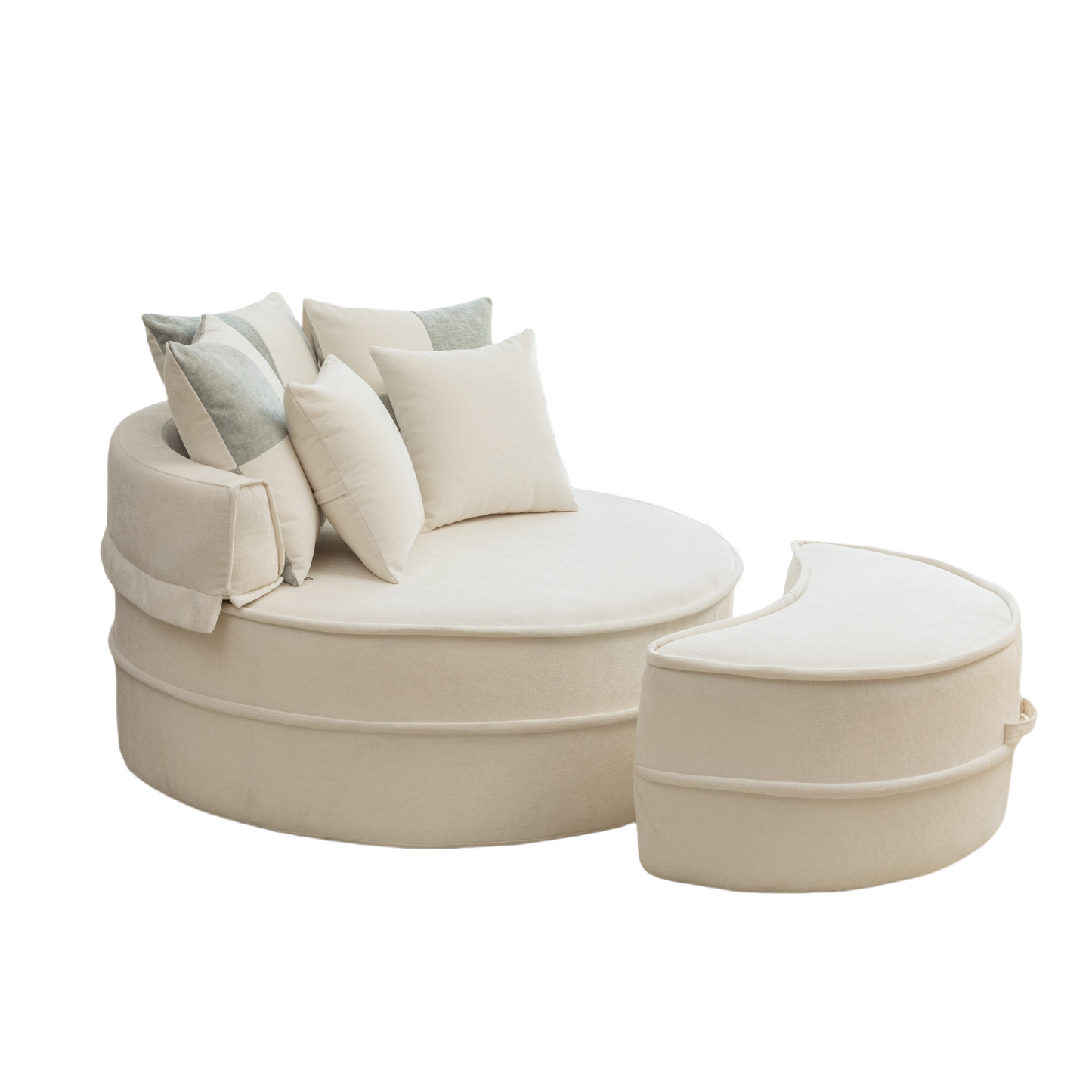 Modern Oversized Beige Round Barrel Accent Chair with Ottoman - Velvet Upholstered Lounge Armchair with 5 Pillows for Living Room or Bedroom W1170P283146