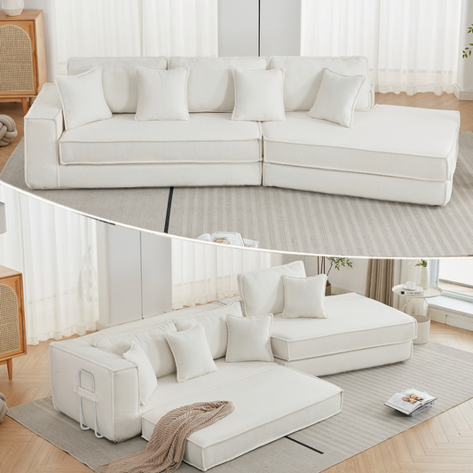 [NEW ARRIVED] [VIDEO PROVIDED]  Folding Convertible Out Sleeper Sofa Bed,2-in-1,  Combination Convertible Sofa,3 seat, Upholstered,Fold Out Floor Gaming Sofa Bed , Lamb Velvet Fabric,Living Room,Beige W2108S00106