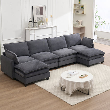 [VIDEO provided][New]Oversized Modular Sofa , Velvet Large U-Shaped Couch Comfy Upholstered 4-Seat Sofa with 2 Ottoman,2 Lumbar Pillow, Deep Seat Couch for Living Room W2705S00024