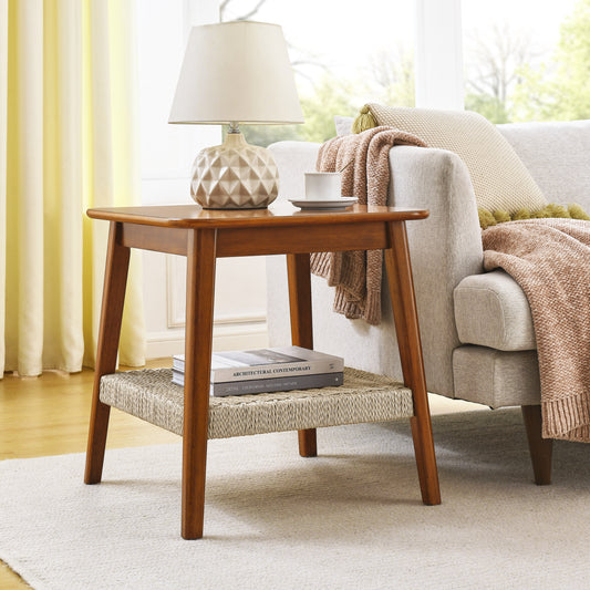 23' Mid-Century Side Table with Woven Shelf, Boho Side Table with Storage, Bedside Tables, Small Side Table for Living Room Couch Patio Home Office  W1801109588