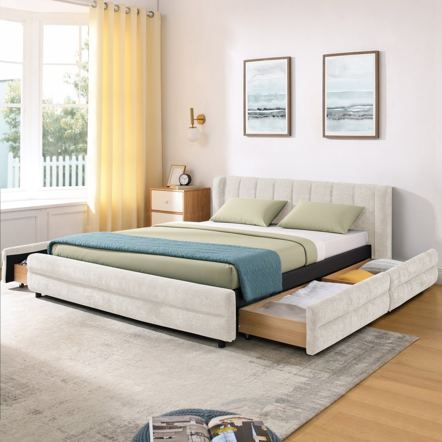 Queen Size Upholstered Bed Frame with Thick Fabric, comfortable upholstered bed frame, Chenille fabric, with headboard and solid bed frame. With drawer for storage-Beige(86''*68.5''*67'') W487S00417
