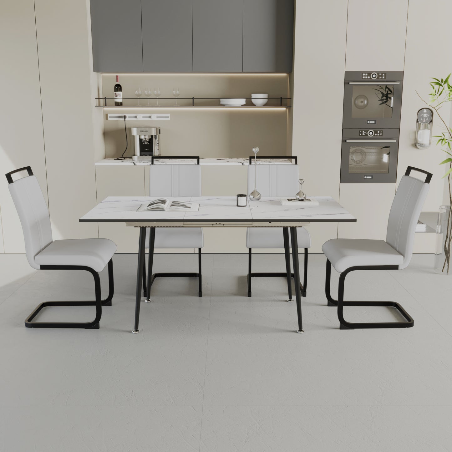 47'-63' expandable dining table set for 2-6 people, equipped with C-shaped tubular cushioned armless dining chair and an elegant and spacious dining table kitchen table and chair set, with metal legs W2189S00197