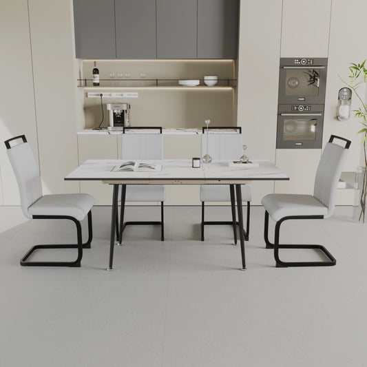 47'-63' expandable dining table set for 2-6 people, equipped with C-shaped tubular cushioned armless dining chair and an elegant and spacious dining table kitchen table and chair set, with metal legs W2189S00197