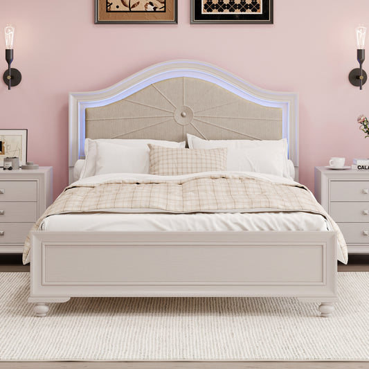 Modern Queen Size Wood Bed with Hidden LED Light Upholstered Curved Headboard, No Box Spring Needed, Cream Grey  BS701P183150K