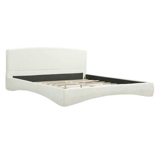 Curved Upholstered Bed with Smart Ambient Lighting, Cream, King - Soft Boucle Fabric, Sturdy Wood Frame, 88.5 x 81.5 x 35.4 Inches   N769K386561C