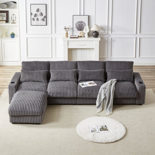 126-inch Corduroy With Cup Holder Super Large L-Shaped Sofa, Movable Footrest, Four Waist Pillows And Four Back Cushion, With USB Port And Type-C Port W834S00336