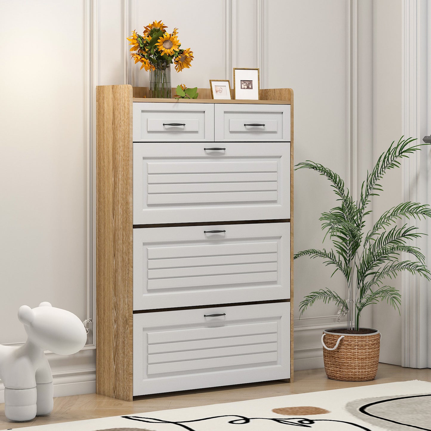 1250 White +Oak Color shoe cabinet  with 3 doors 2 drawers,large space for storage  W1320P144273