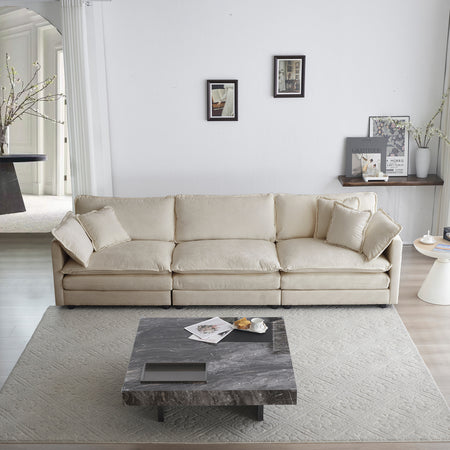 Mid-Century Modern Couch 3-Seater Sofa with 2 Armrest Pillows and 3 Toss Pillows, Couch for Living Room Beige Chenille W714S00900