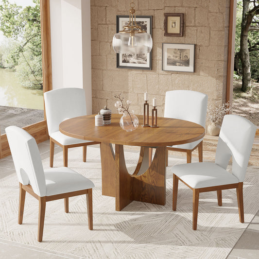 TOPMAX Modern 5-Piece Extendable Round Dining Table Set with 16.2inch Removable Leaf for Small Places, Walnut+Beige  SP000062AAD