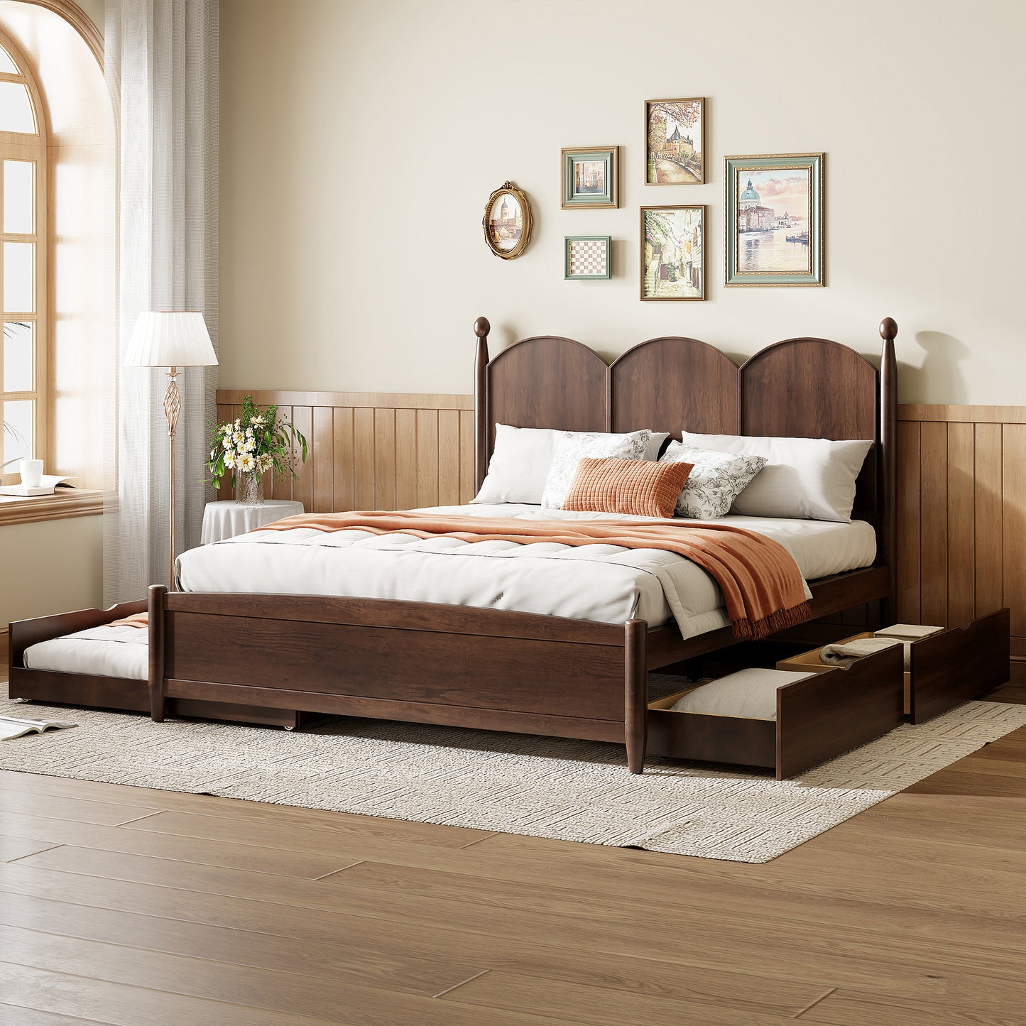 Queen Size Platform Bed With with 2 Big Drawers, Twin XL Size Trundle, Walnut N820S00025D