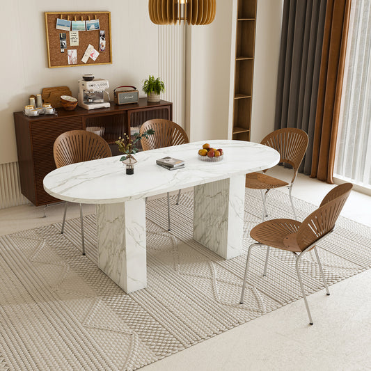 62.9 Inch Oval Dining Table for 6, Marble Top Kitchen Table with Wood Strip Base, Modern Farmhouse Dining Room Table with Waterproof Scratch Resistant Surface, White Marble Finish  W2700P340890