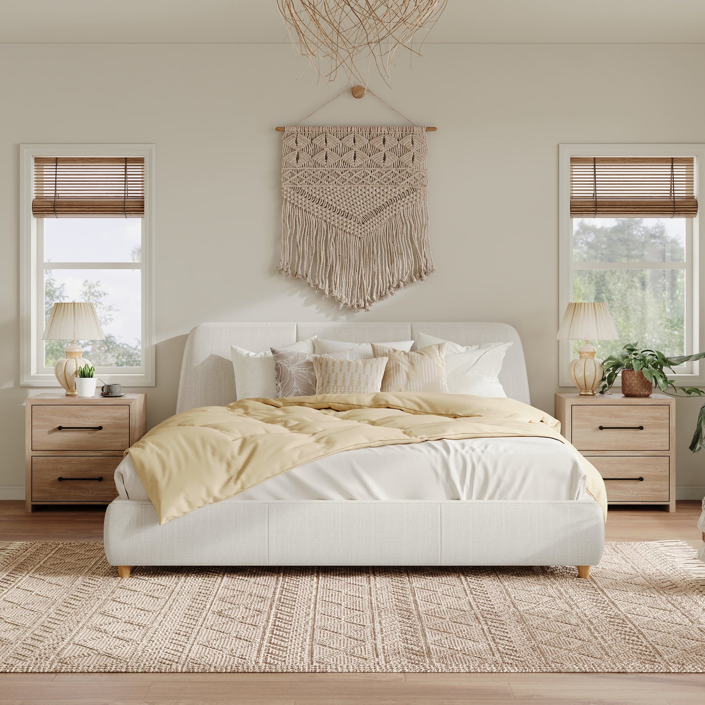 Queen Size Modern Upholstered Bed Frame with Linen Fabric and Solid Wood Legs, White  N757Q280037I