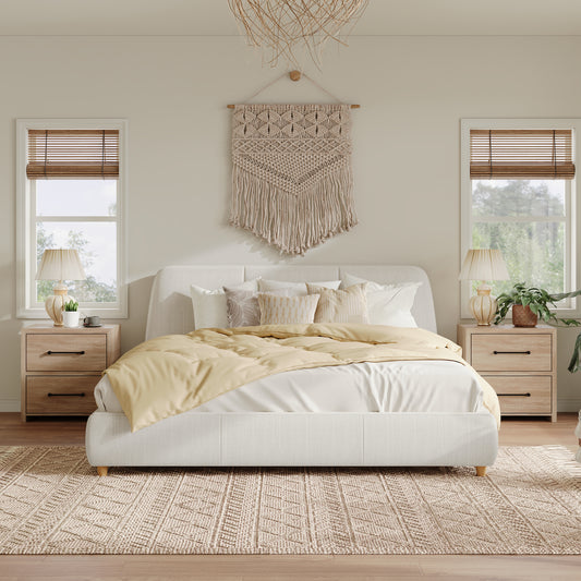Queen Size Modern Upholstered Bed Frame with Linen Fabric and Solid Wood Legs, White  N757Q280037I