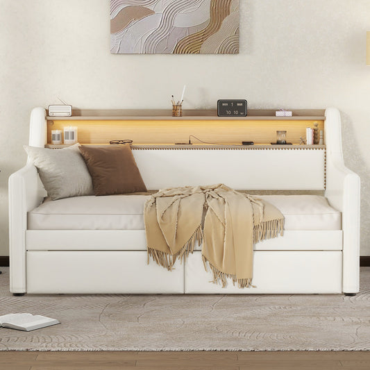 Twin Size Daybed with Drawers, Upholstered Daybed with Charging Station and LED Lights, White  W1580S00021