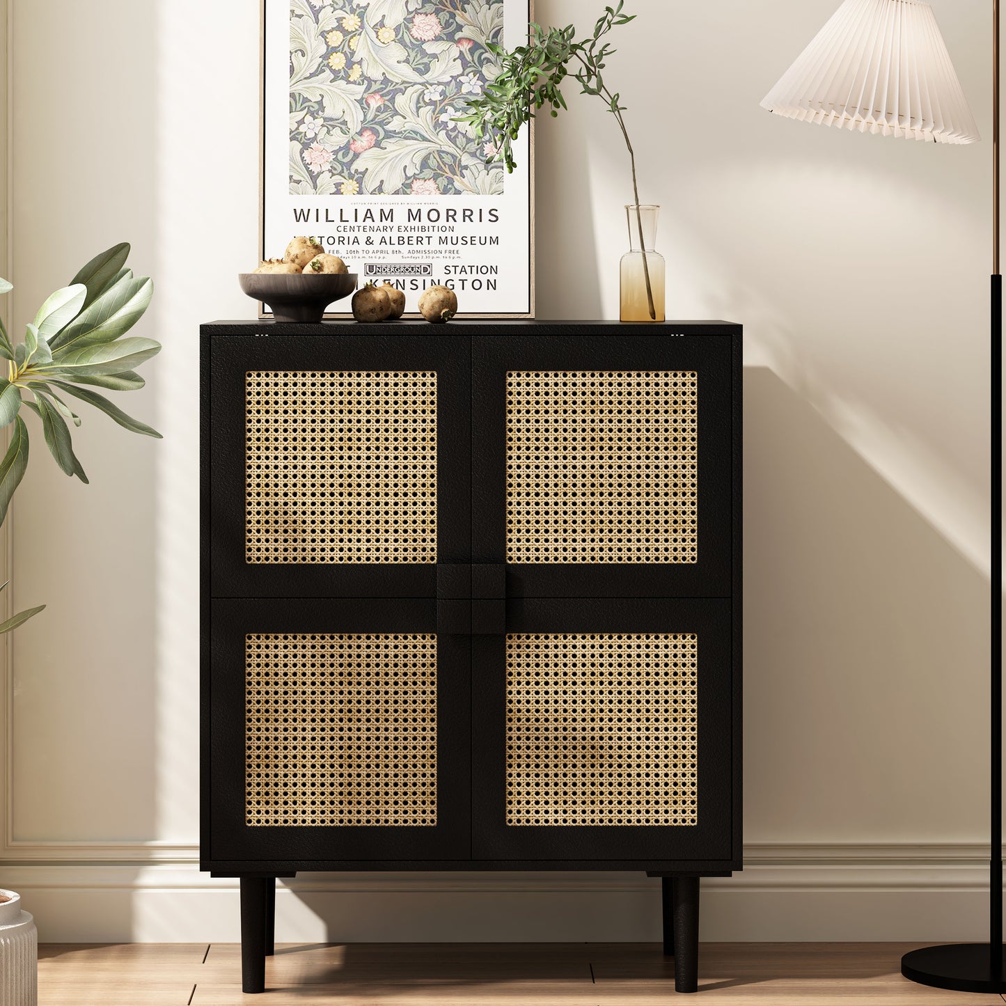 4-Doors Rattan Mesh Storage Cabinet, Sideboard with Eight Storage Spaces, for Entryway, Living Room, Hallway (Black)  W757P198555