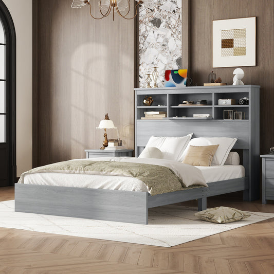 Queen Size Vintage Platform Bed,With Storage Headboard and Charging Station, Light Gray  WF324087AAE