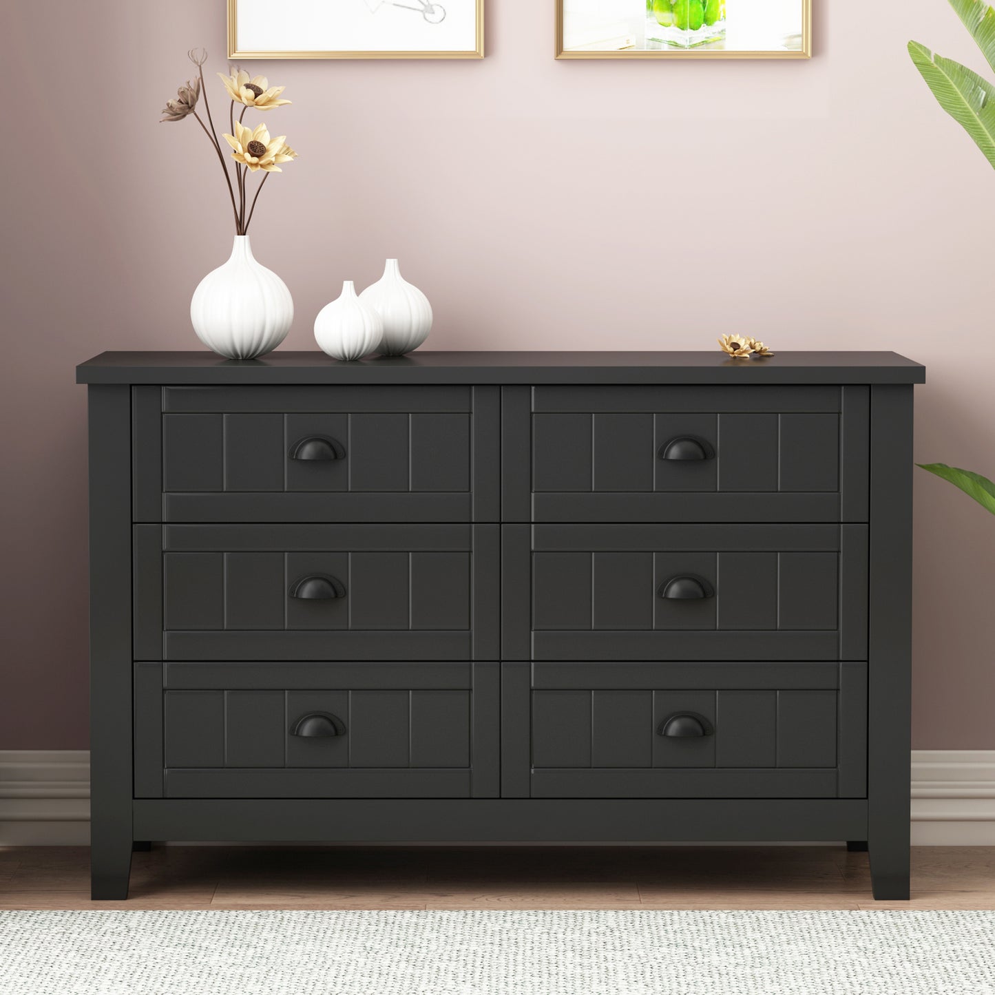 Drawer Dresser BAR CABINET side cabinet,buffet sideboard,buffet service counter, solid wood frame,plasticdoor panel,retro shell handle,applicable to dining room, living room, kitchen ,corridor,black  W679S00032