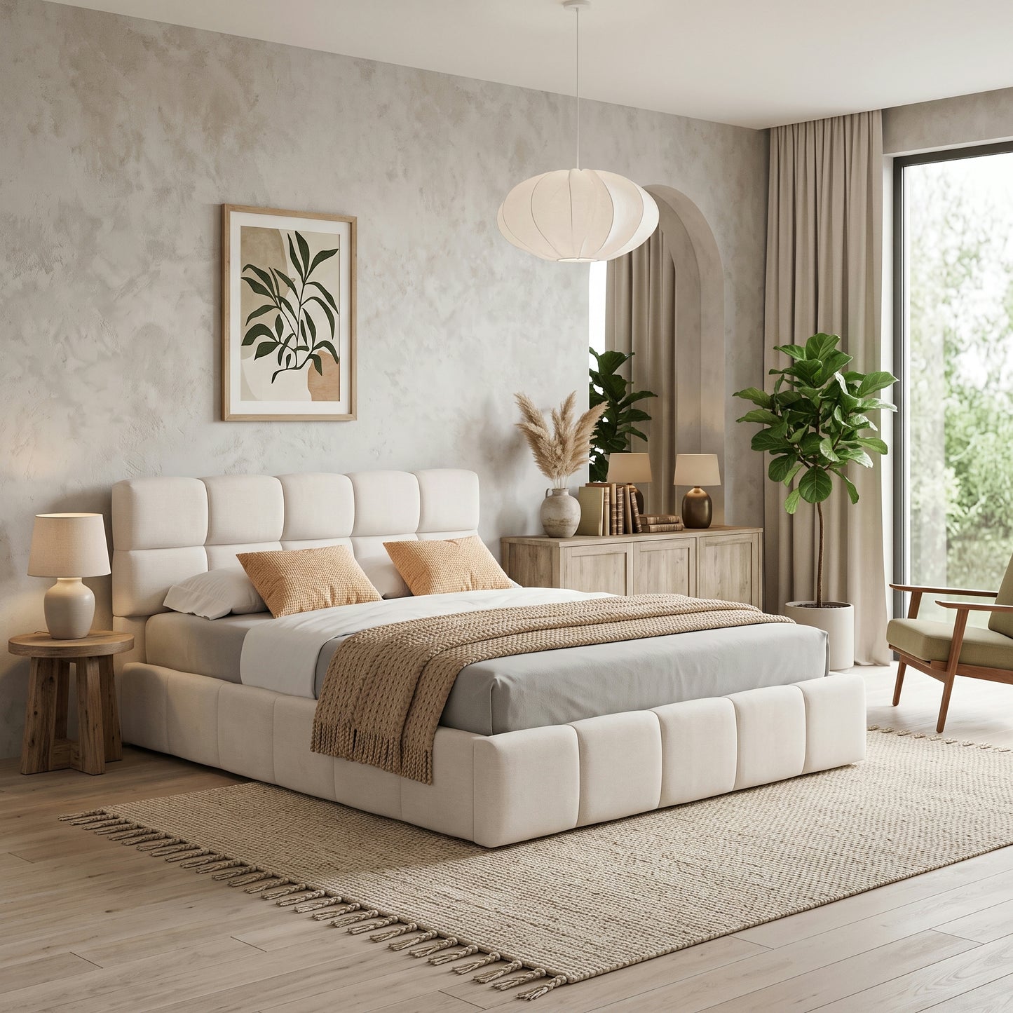 Elegant Beige Chenille Upholstered Bed with Checkerboard Design, Queen, Beige  N769P264803Q