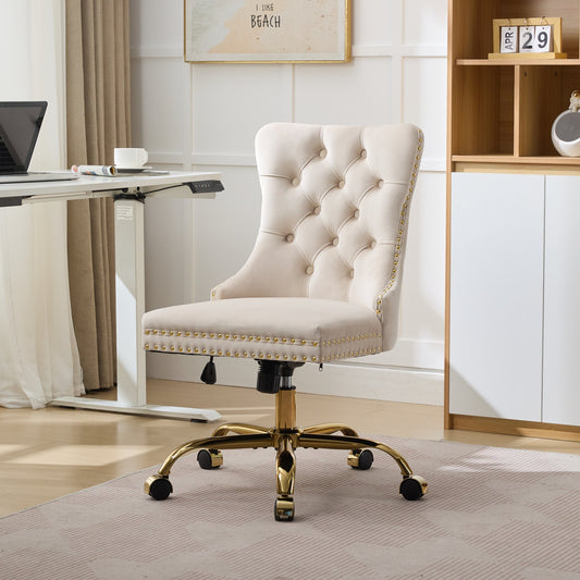 A&A Furniture Office Chair,Modern Velvet Upholstered Tufted Button Home Office Chair with Golden Metal Base,Adjustable Desk Chair Swivel Office Chair (Beige)   W1143P292466