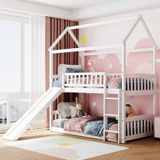 Twin Over Twin Bunk Bed with Slide, House Bed with Slide, White  LT100213AAK