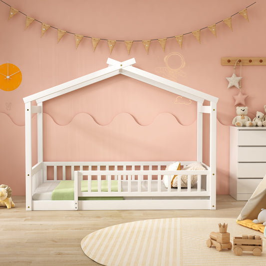 Twin Size Wood Bed House Bed Frame with Fence, for Kids, Teens, Girls, Boys,White  WF302176AAK