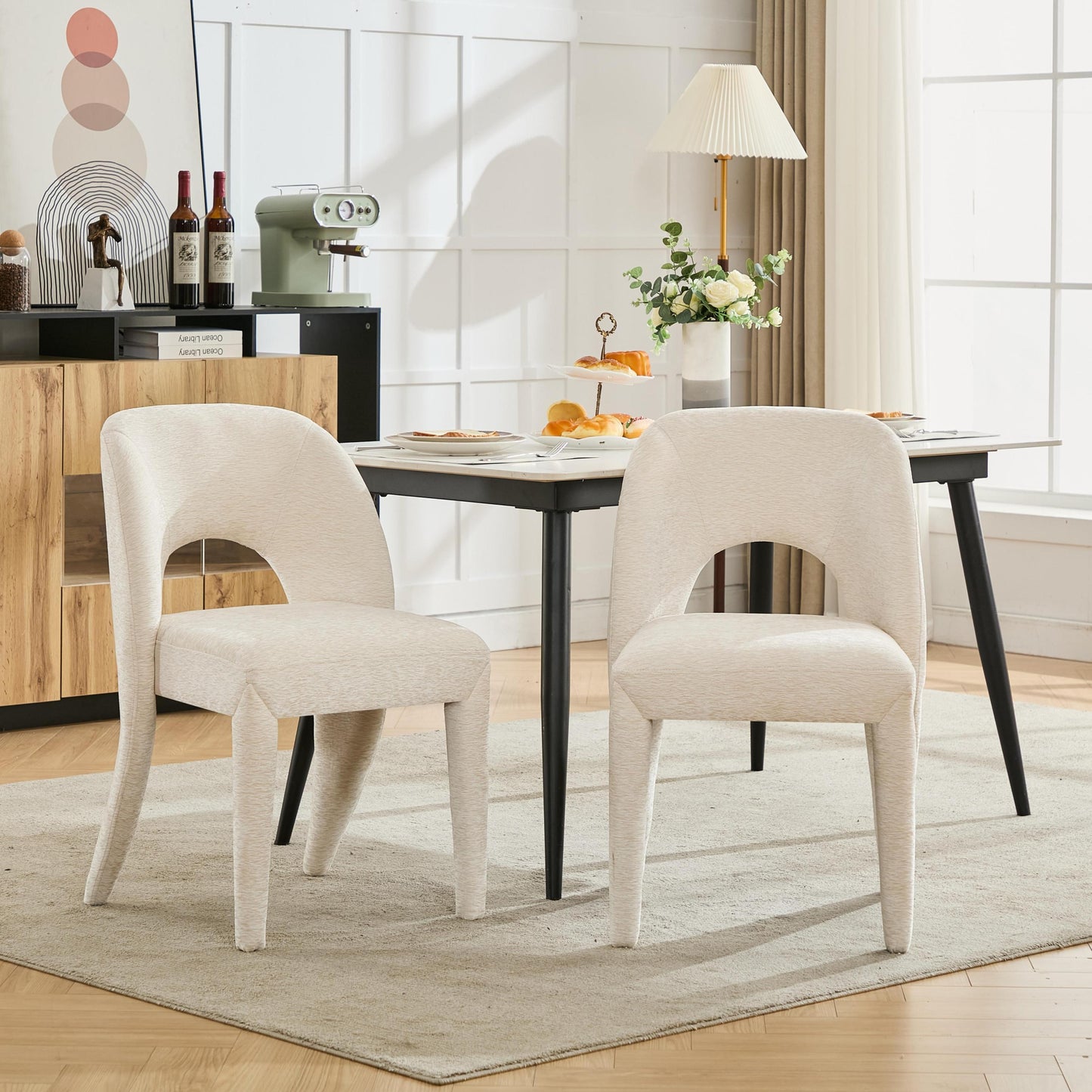 Cream chenille dining chair features a hollowed-out backrest design Set of 2 Suitable for restaurant kitchens  W3615P340380