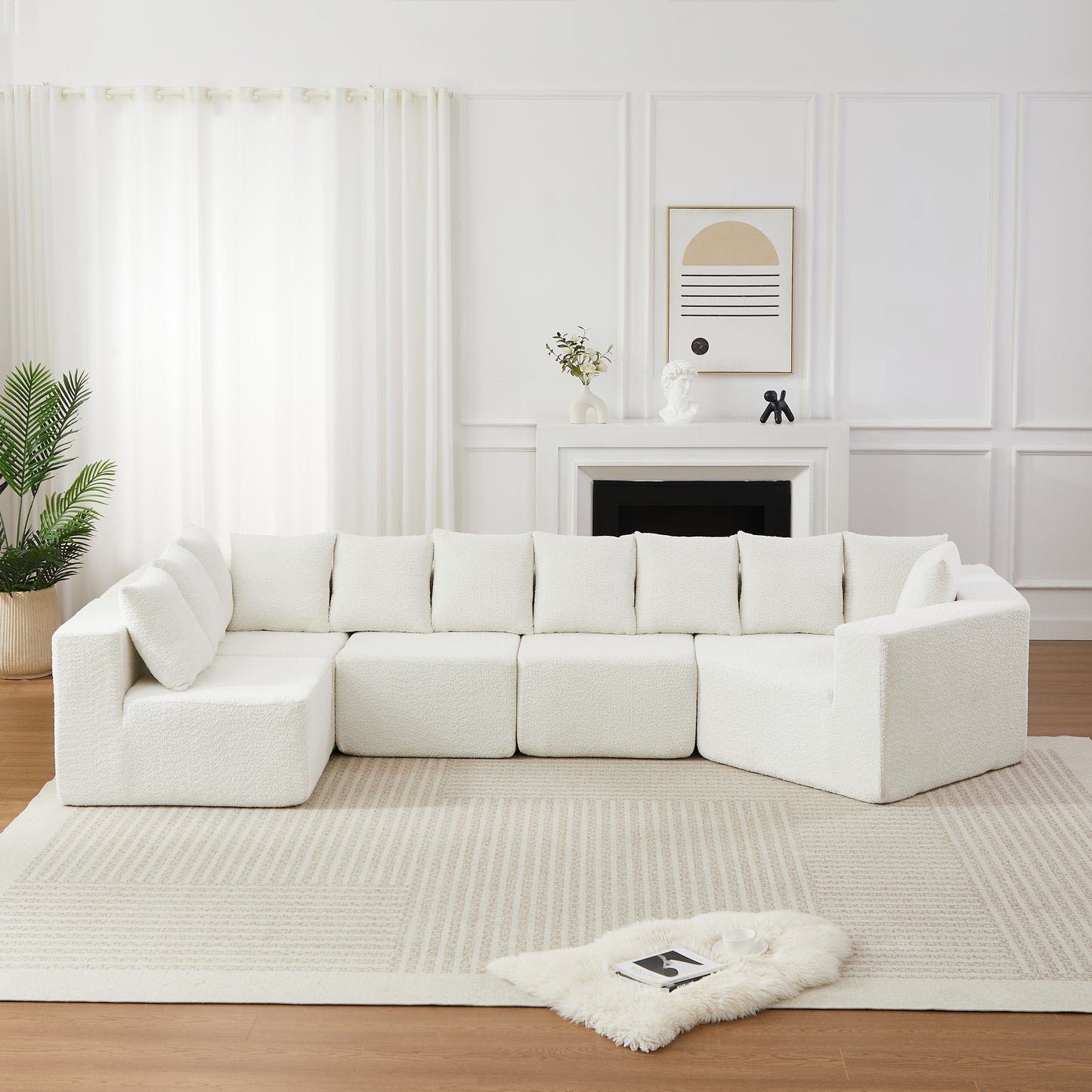 [Video]151.6-inch Extra-Large L-Shaped Deep-Seat Modular Sofa Chenille Fabric Sectional Sofa Includes 11 Pillows Curved Recliner Floor-Standing Living Room Sofa No Assembly Required   Beige W3505S00058