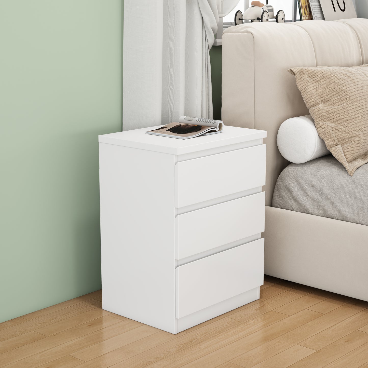 19.7-Inch White Nightstand with 3 Drawers, Beside Table with Drawers Handle Free Design,Thickened Top Plate,Small Side Table Storage Cabinet 3 Drawer Night Stand for Bedroom,Living Room  W3151P407888