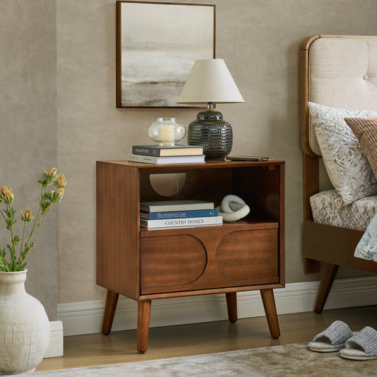 Mid Century Modern Fluted Nightstand with Charging Station USB Ports & Outlet Hole & 4 Solid Wood Legs, Farmhouse End Table with Open Space and Drawer Dresser, Walnut W1801P288512