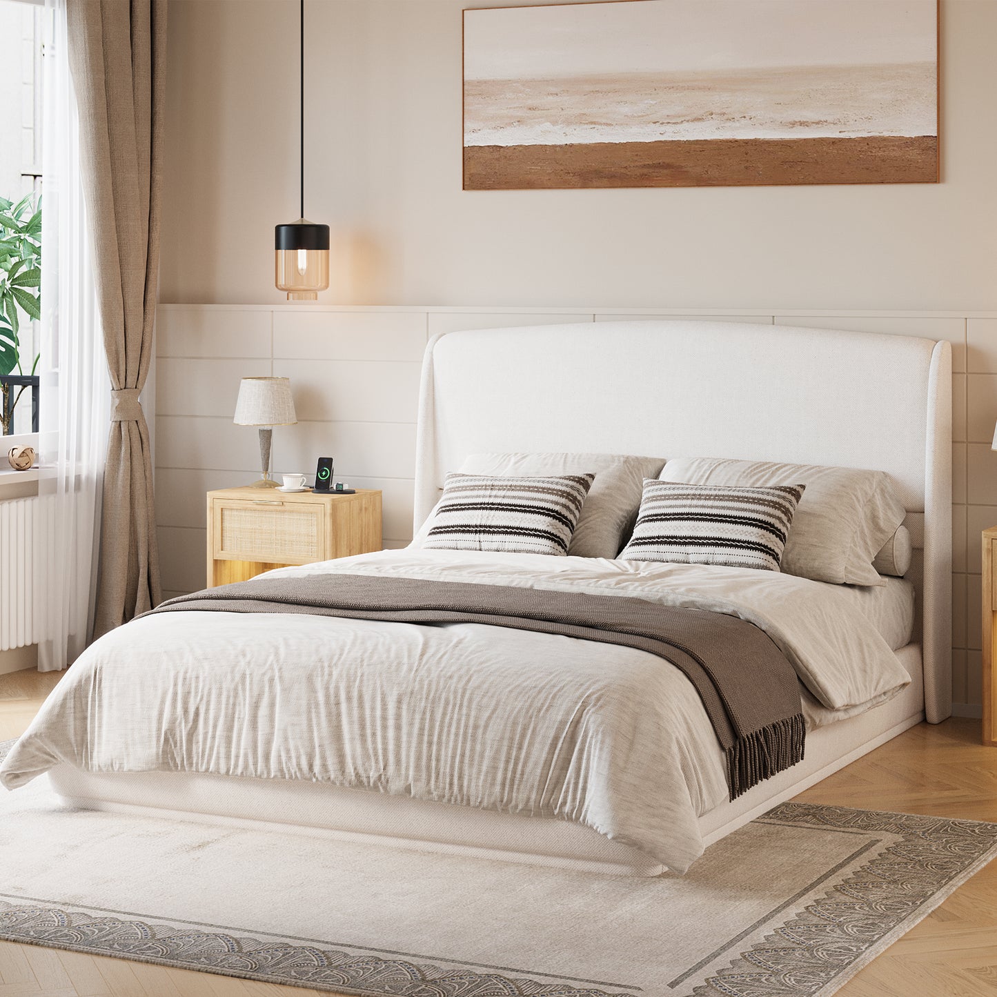 Upholstered Queen Bed Frame with Wingback Headboard, Low Profile Platform Bed with Padded Headboard, No Box Spring Needed, Easy Assembly, Elegant Linen Fabric, Beige  N733S439498A