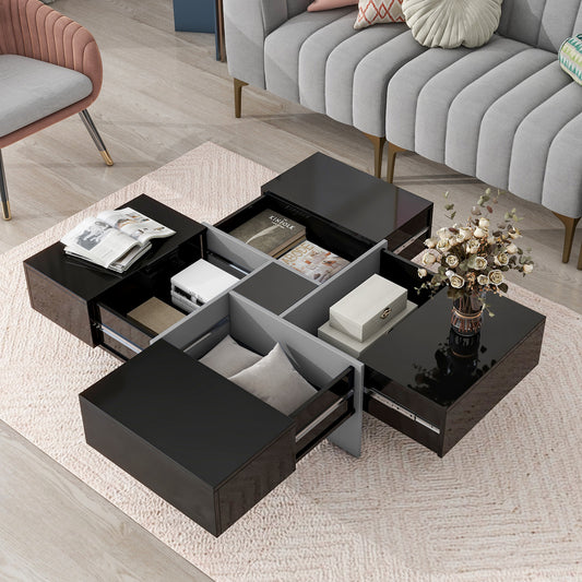 ON-TREND Unique Design Coffee Table with 4 Hidden Storage Compartments, Square Cocktail Table with Extendable Sliding Tabletop, UV High-gloss Design Center Table for Living Room, 31.5'x 31.5'  WF305182AAB