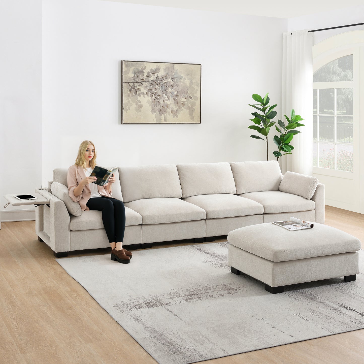[VIDEO]130' Modular Sectional Sofa, L-Shape with Folding Table and Dual-Port Charging, Side Storage Pockets, 2 Armrest Pillows, Free Movement Ottoman, High Density Foam, Chenille, 5 Seat, 2 Colors  N723S9710A