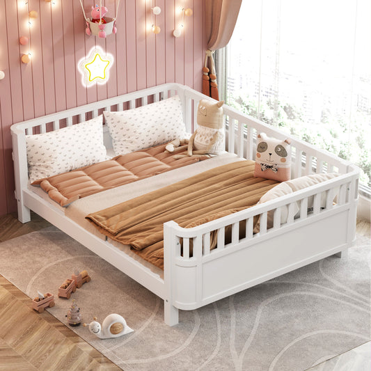 Full Size Wood Platform Bed for Kids, Wood Low Profile Full Bed with Rails for Girls and Boys, White(Patented Design) W2593P233767