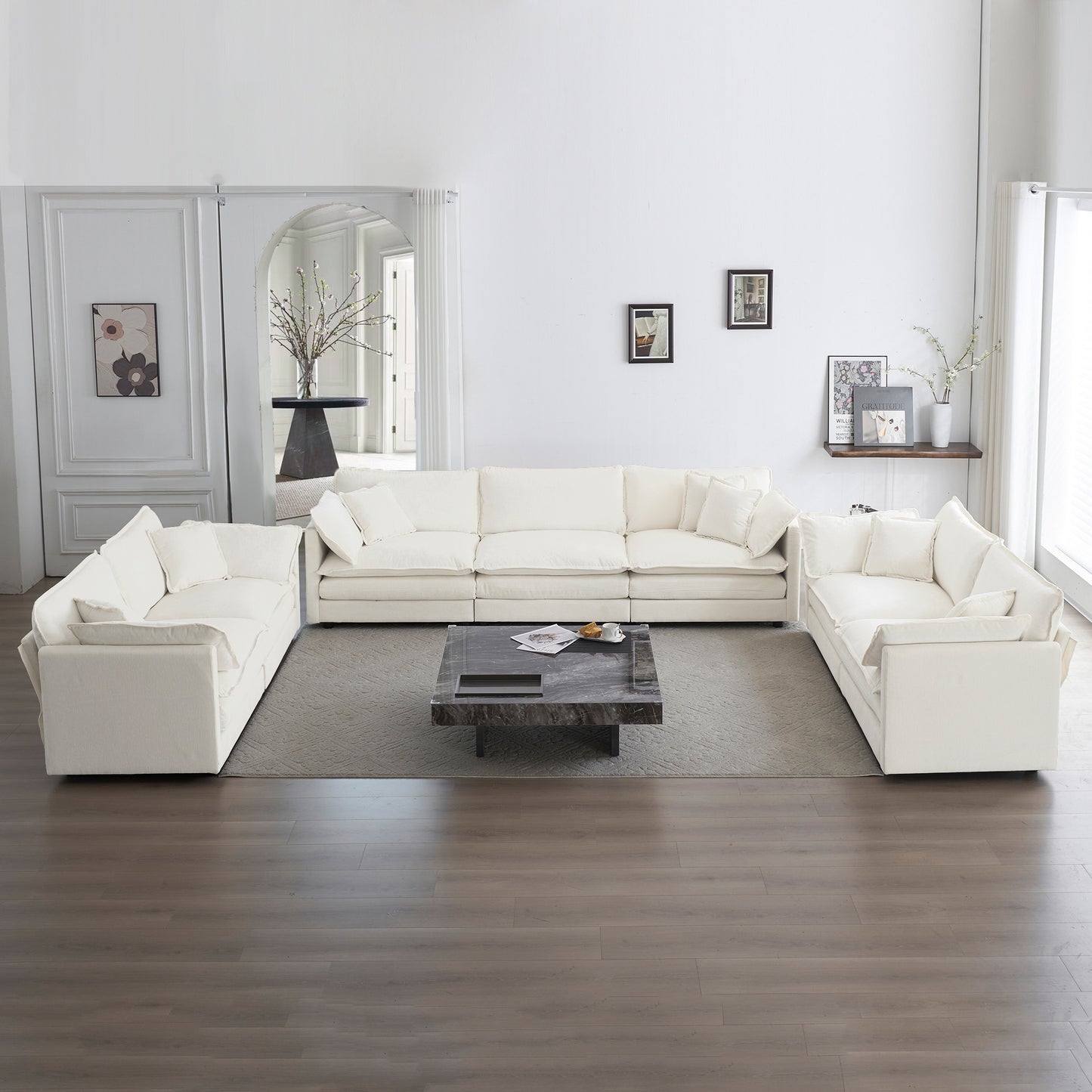 3 Piece Sofa Set Oversized Sofa Comfy Sofa Couch, 2 Pieces of 2 Seater and 1 Piece of 3 Seater Sofa  for Living Room, Deep Seat Sofa White Chenille  W714S00556