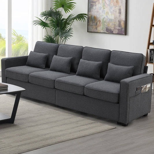 [VIDEO provided] [New] 104' 4-Seater Modern Linen Fabric Sofa with Armrest Pockets and 4 Pillows,Minimalist Style Couch for Living Room, Apartment, Office,3 Colors GS008086AAR
