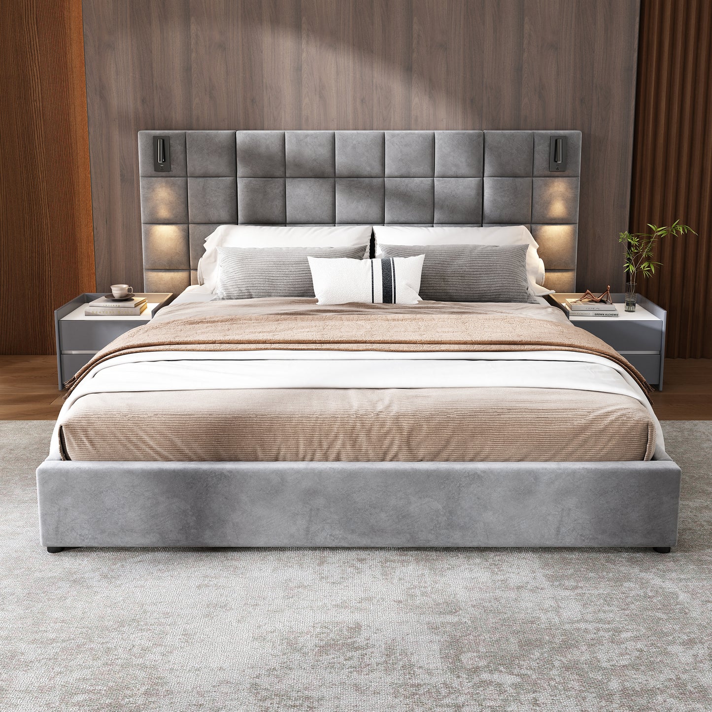 Upholstered King bed,with reading lamp and USB port, wide headboard,without bedside tables and mattress, velvet, grey  N757K200132G