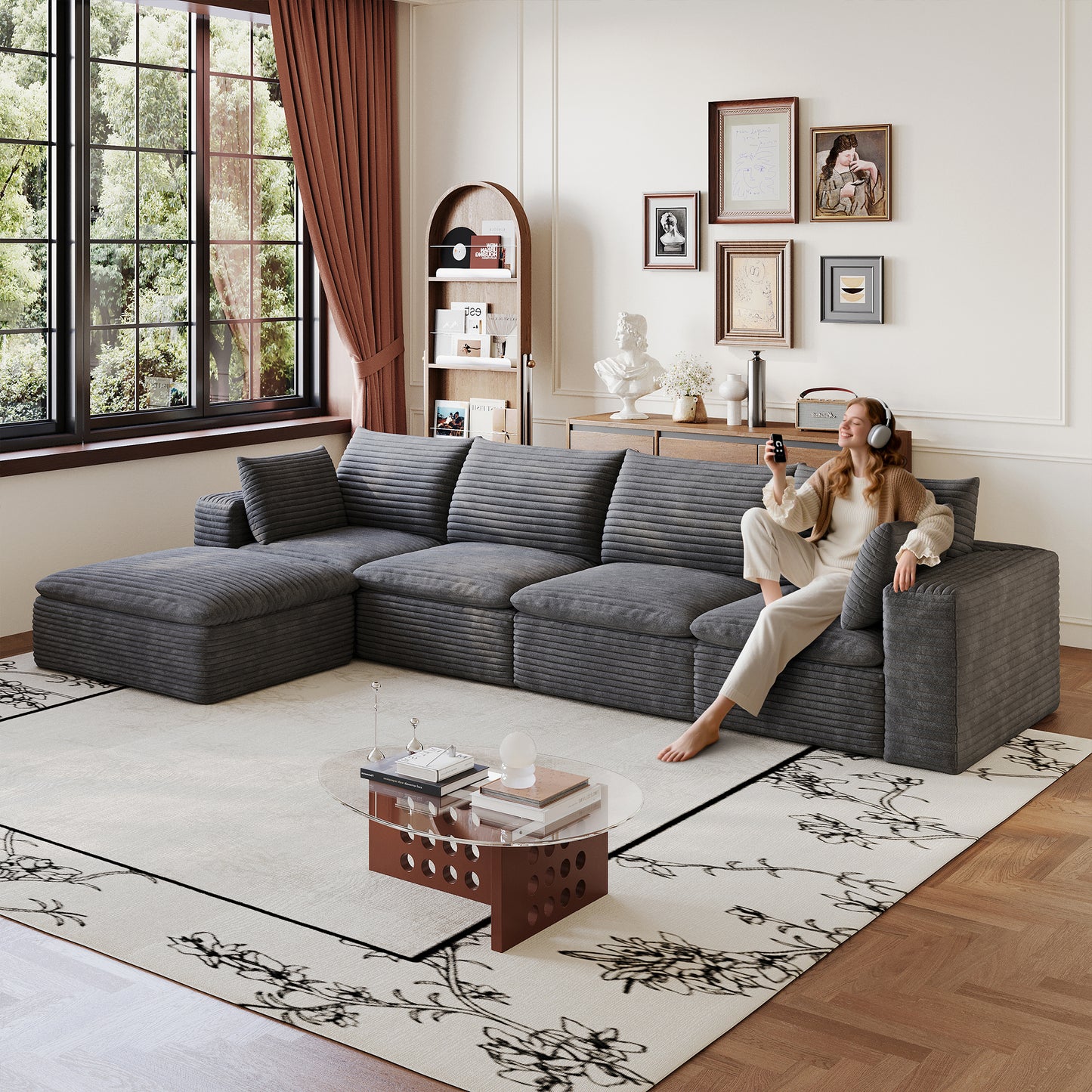 134' Cloud Sofa,Corduroy Fabric,Deep Seat Couches,Double-layer design,Removable  Cushion,No Assembly, DIY Combination for Living room, Bedroom,Conference room ,Apartment,Dark Grey  W2824S00228