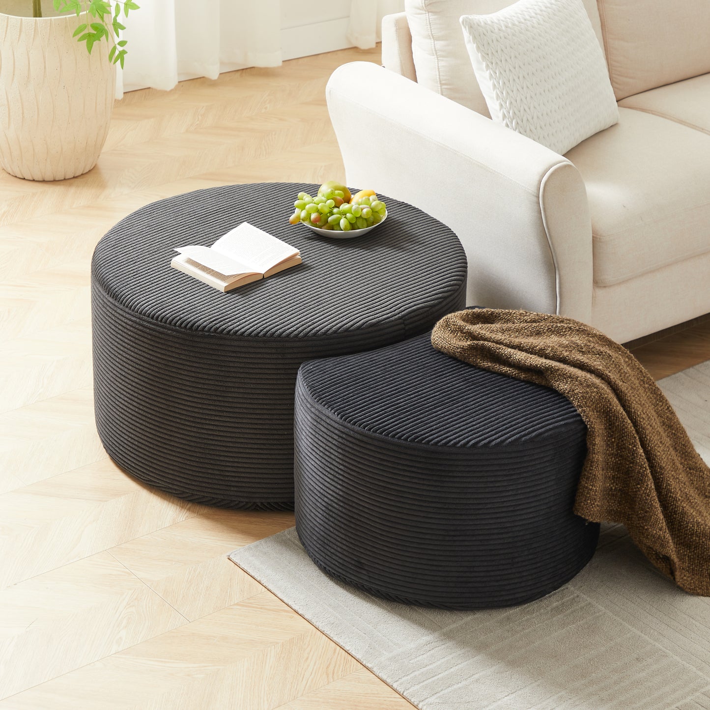 Nesting Coffee Table Set of 2,Upholstered Round Coffee Tables Set of 2 for Living Room, Modern Foam Round Coffee Table Side Table End Table Ottoman, No Assembly  W834P326380