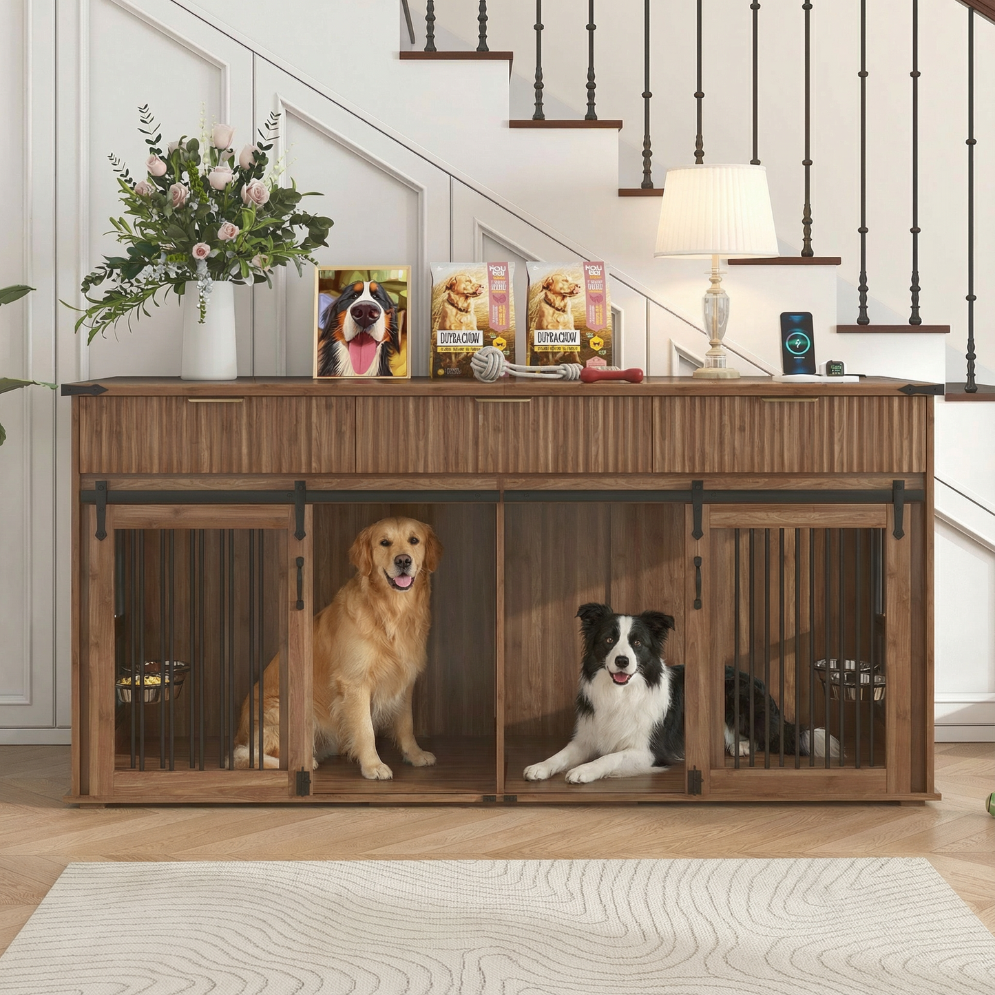 71'' Furniture Style Double Dog Crate with 3 Fluted Drawers and Waterproof Walnut Woodgrain Tabletop,Large Dog Kennel Furniture with Type-C Power Outlet & Rotating Feeders for Heavy Duty Dogs(Walnut) W5216S00002