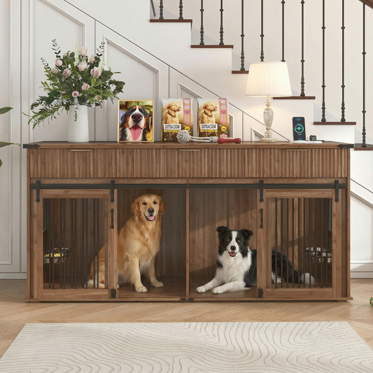 71'' Furniture Style Double Dog Crate with 3 Fluted Drawers and Waterproof Walnut Woodgrain Tabletop,Large Dog Kennel Furniture with Type-C Power Outlet & Rotating Feeders for Heavy Duty Dogs(Walnut) W5216S00002