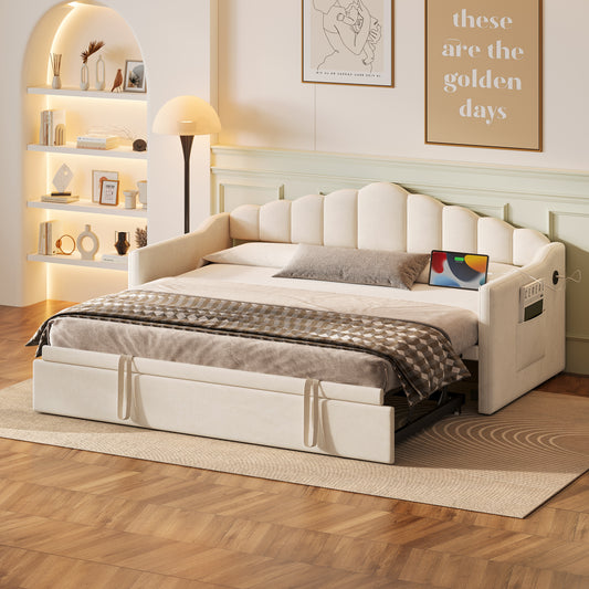 Upholstered Twin Size Daybed with Adjustable Height Pop Up Trundle Twin Bed and USB & Type-C Charging Port, Day Bed Frame with 2 Side Pockets, No Box-Spring Needed, Beige N733S285118A