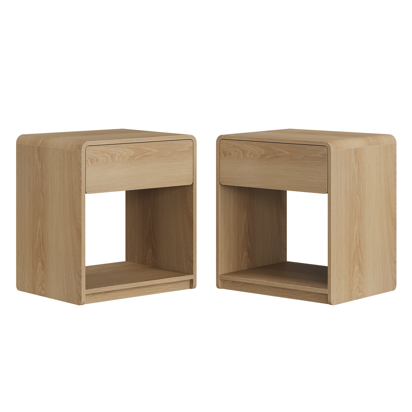 Mid-century modern bedside table set, 2 pieces, oak color, with storage drawers and open shelves, compact side table with rounded corners, engineered wood  W1706P525883