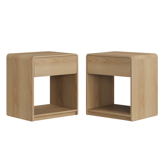 Mid-century modern bedside table set, 2 pieces, oak color, with storage drawers and open shelves, compact side table with rounded corners, engineered wood  W1706P525883